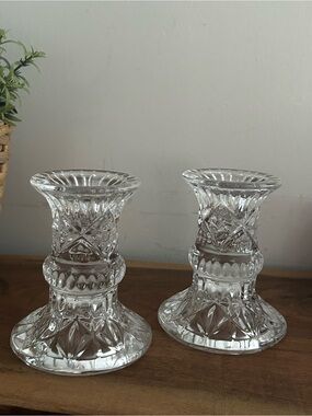 Vintage Pair Set Cut Lead Crystal Candle Stick Holders Pinwheel Pattern 3.5”